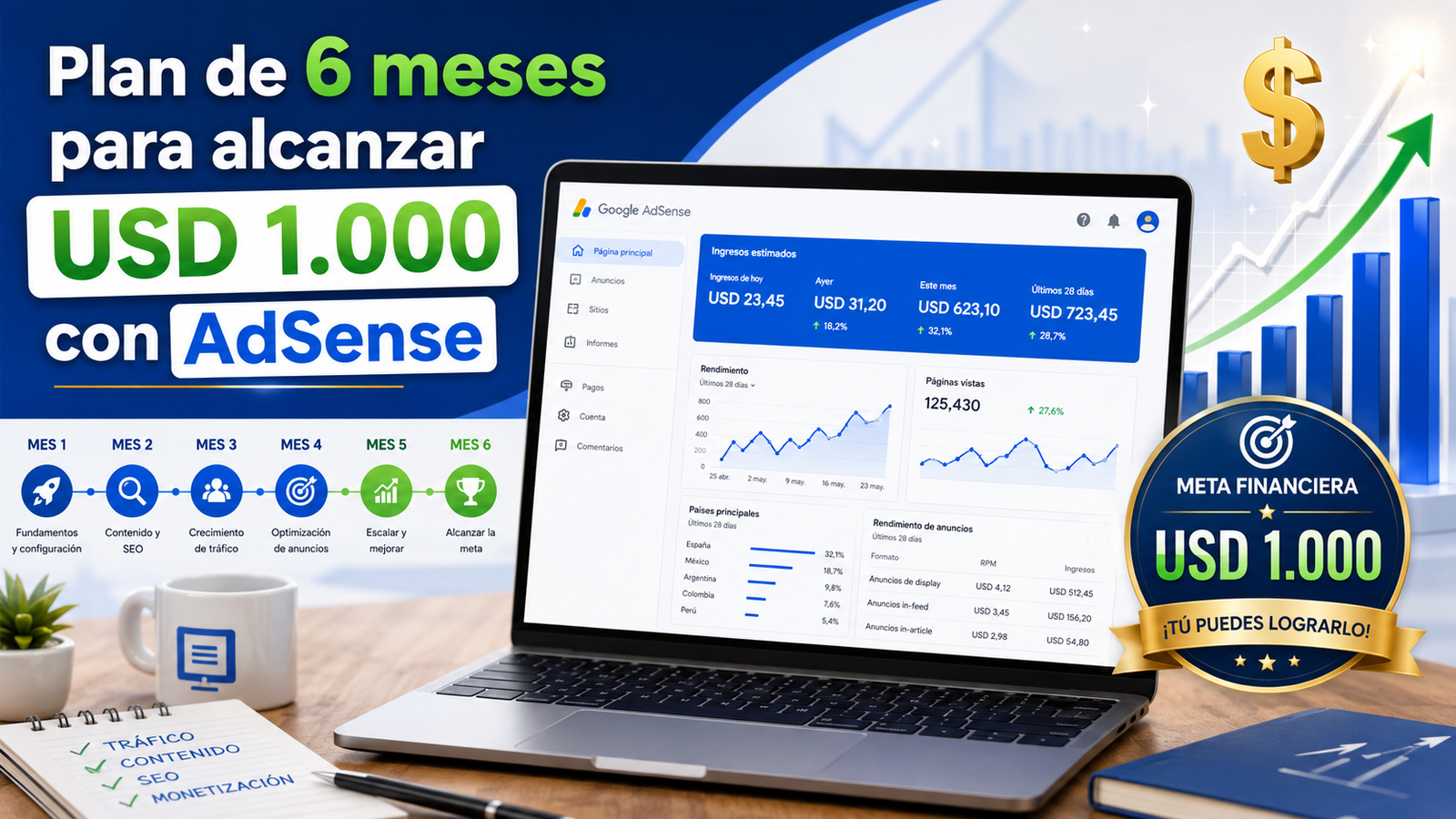 Cómo generar USD 1.000 en seis meses con Google AdSense: plan realista para un blog